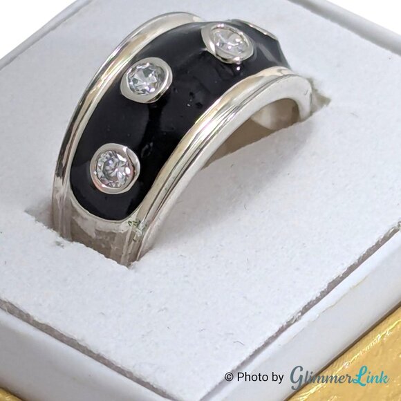 Vintage Sterling Silver Black Enamel Dome Ring CZ Stones Size 8 Thailand - Picture 3 of 12
